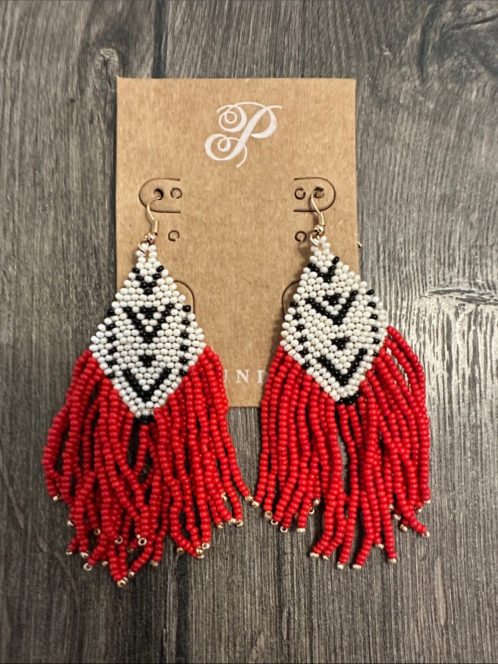 Plunder Red, White and Black Beaded Fringe Earrings